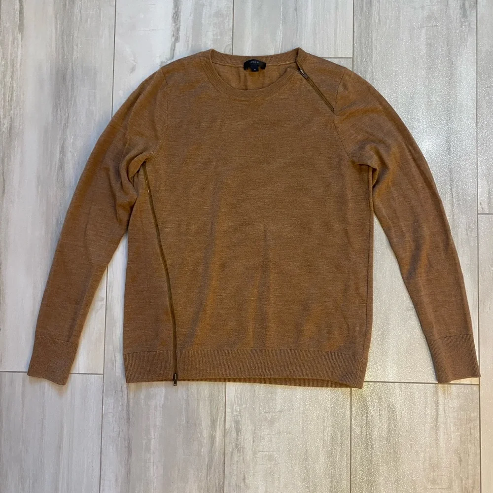 J. Crew Camel Brown Merino Wool Zipper Long Sleeve Crew Neck Sweater, small